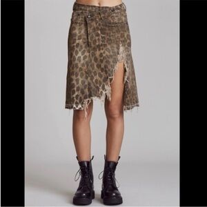 R13 Brown Leopard-Print Distressed Midi Skirt